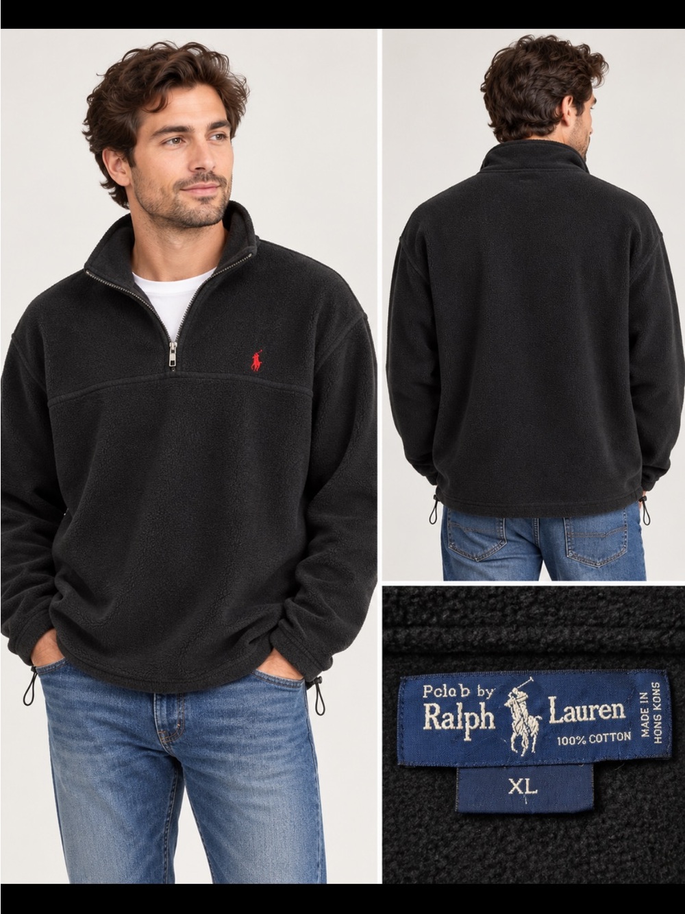 Polo by Ralph Lauren Black Quarter-Zip Fleece Pullover with Red Pony